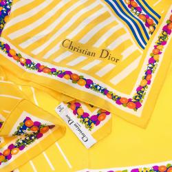 مملوكة مسبقًا Dior Multicolor Yellow Floral Print Striped Silk Scarf