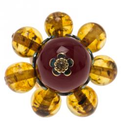 Pre Owned Dior Bohemian Flower Bead Gold Tone Ring Size 49