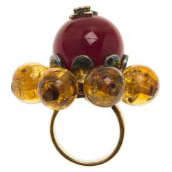Pre Owned Dior Bohemian Flower Bead Gold Tone Ring Size 49