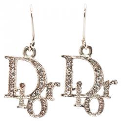 Pre Owned Dior Crystal Accented Logo Silver Tone Drop Earrings