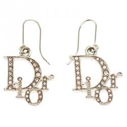 Pre Owned Dior Crystal Accented Logo Silver Tone Drop Earrings