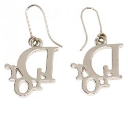 Pre Owned Dior Crystal Accented Logo Silver Tone Drop Earrings