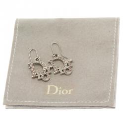 Pre Owned Dior Crystal Accented Logo Silver Tone Drop Earrings