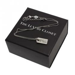 Pre Owned Dior Logo Crystal Studded Dog Tag Silver Tone Pendant Chain Necklace