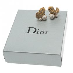 Pre Owned Dior Vintage Floral Leaves Faux Pearl and Crystal Gold Tone Clip-On Earrings
