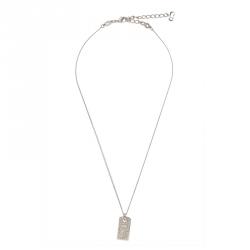 Pre Owned Dior Tag Crystal Silver Tone Pendant Chain Necklace