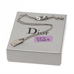 Pre Owned Dior Tag Crystal Silver Tone Pendant Chain Necklace