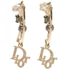 Pre Owned Dior Logo Crystal Faux Pearl Rose Gold Tone Hoop Earrings