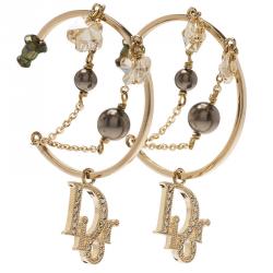 Pre Owned Dior Logo Crystal Faux Pearl Rose Gold Tone Hoop Earrings