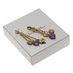 مملوكة مسبقًا أقراط ديور قلوب إيناميل بنفسجي ومرصعة بالكريستال ذهبية اللون طويلة