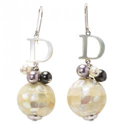 Pre Owned Dior Logo Mother Of Pearl Mosaic Ball & Faux Pearl Silver Tone Hook Drop Earrings
