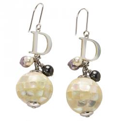 Pre Owned Dior Logo Mother Of Pearl Mosaic Ball & Faux Pearl Silver Tone Hook Drop Earrings