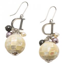 Pre Owned Dior Logo Mother Of Pearl Mosaic Ball & Faux Pearl Silver Tone Hook Drop Earrings
