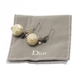 Pre Owned Dior Logo Mother Of Pearl Mosaic Ball & Faux Pearl Silver Tone Hook Drop Earrings