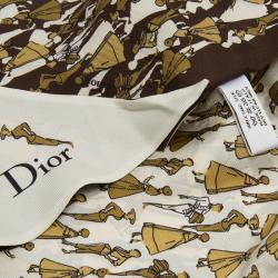Pre Owned Dior Brown Tricolor Lady Figures Printed Silk Scarf