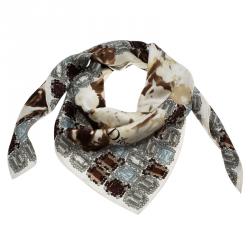Pre Owned Dior Monochrome Flower and Jewels Printed Square Silk Scarf