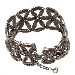 Pre Owned Dior Red Crystals Silver Tone Wide Bracelet 20cm