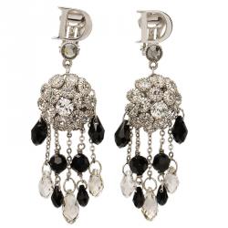 Pre Owned Dior Logo Crystal Beads Silver Tone Chandelier Clip-on Earrings 