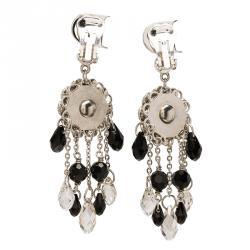 Pre Owned Dior Logo Crystal Beads Silver Tone Chandelier Clip-on Earrings 