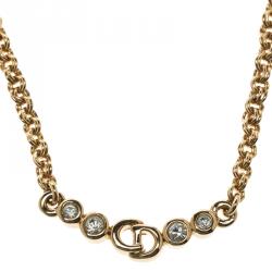 Pre Owned Dior Gold Tone CD Rhinestone Necklace