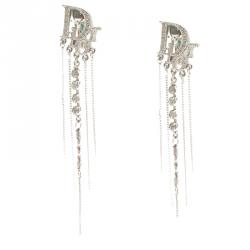 Dior Logo Crystal Silver Tone Long Clip-on Earrings