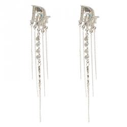 Dior Logo Crystal Silver Tone Long Clip-on Earrings