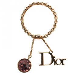 Pre Owned Dior Pink Crystal Gold Tone Ring Size 51