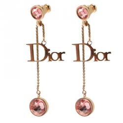 Pre Owned أقراط ديور متدلية لون ذهبي كريستال وردية