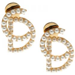 Pre Owned اقراط ديور يور ديور لؤلؤ صناعي ذهبي اللون