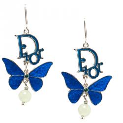 Pre Owned أقراط متدلية ديور لون فضي باترفلاي ايناميل زرقاء