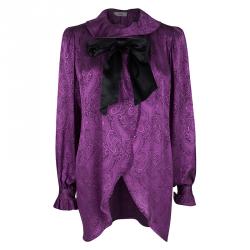 Pre Owned Dior Vintage Purple Paisley Printed Silk Draped Open Front Blouse L