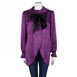 Pre Owned Dior Vintage Purple Paisley Printed Silk Draped Open Front Blouse L