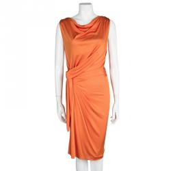Pre Owned Dior Orange Knit Draped Sleeveless Cowl Neck Dress M