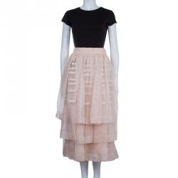 Pre Owned Dior Beige Layered Horizontal Pintuck Detail Silk Skirt M