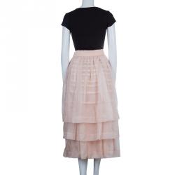 Pre Owned Dior Beige Layered Horizontal Pintuck Detail Silk Skirt M