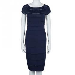 Pre Owned Dior Navy Blue Cut Out Detail Short Sleeve Lined Dress M