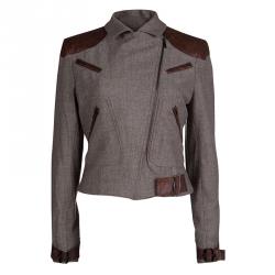 Dior Brown Leather Patch Detail Tweed Jacket M