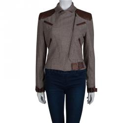 Dior Brown Leather Patch Detail Tweed Jacket M