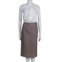 Pre Owned Dior Brown Buckle Detail Tweed Skirt M