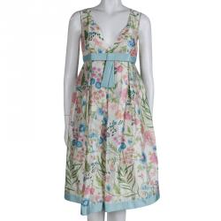 Dior Cream Floral Printed Silk Bow Detail Sleeveless Dress S