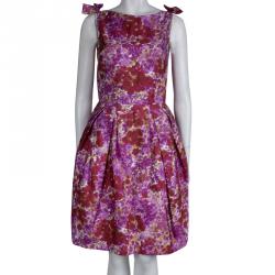 Pre Owned Dior Pink Floral Printed Silk Bow Detail Sleeveless Dress S