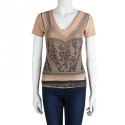 Pre Owned Dior Boutique Peach Lace Print V-Neck T-Shirt M