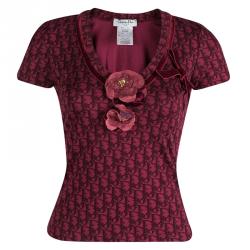 Dior Boutique Red Printed Jersey Floral Brooch Detail V-Neck T-Shirt S