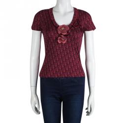 Dior Boutique Red Printed Jersey Floral Brooch Detail V-Neck T-Shirt S