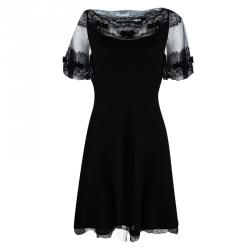 Pre Owned Dior Black Wool Scallop Lace Detail Embellished Skater Dress M