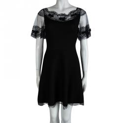 Pre Owned Dior Black Wool Scallop Lace Detail Embellished Skater Dress M