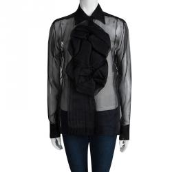 Pre Owned Dior Black Silk Floral Applique Detail Sheer Blouse M