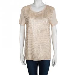 Pre Owned Dior Peach Sequin Embellished T-Shirt M