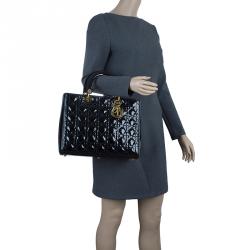 Pre Owned Dior Black Cannage Quilted Patent Leather Large Lady Dior Tote