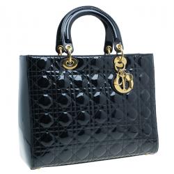 Pre Owned Dior Black Cannage Quilted Patent Leather Large Lady Dior Tote
